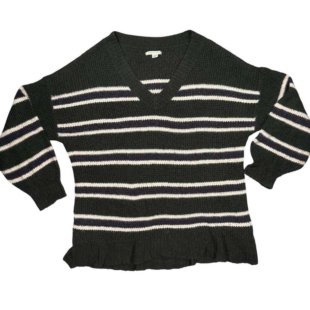 American Eagle Oversized V-Neck Sweater Medium Womens Green Striped Knit